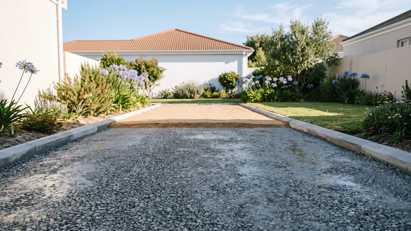 A driveway under construction: a grey crushed-stone base between two straight concrete edge strips, with screeded bedding sand at the far end
