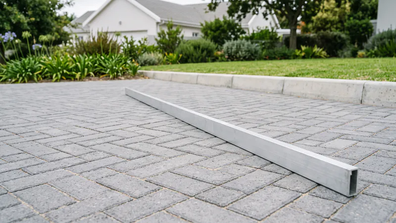 A long plain aluminium straight-edge lying across grey herringbone block paving near a concrete kerb