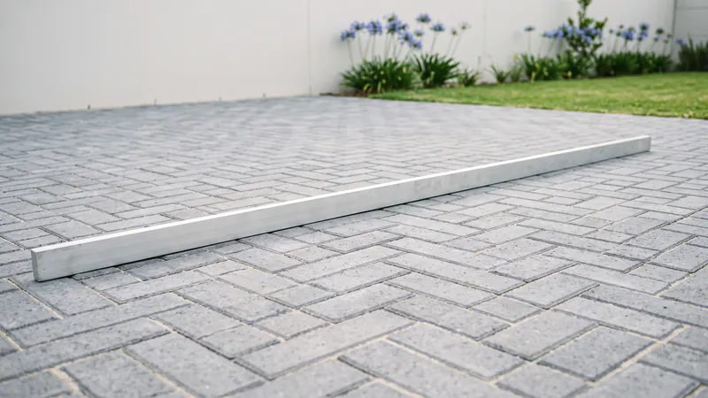 A long plain aluminium straight-edge lying across a grey herringbone block-paved surface, with lawn and agapanthus behind
