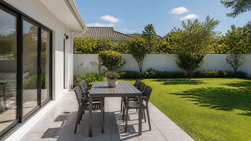 A light grey paved patio directly outside the black-framed glass sliding doors of a white house, with a dark outdoor dining table and chairs in full sun and a lawn beyond