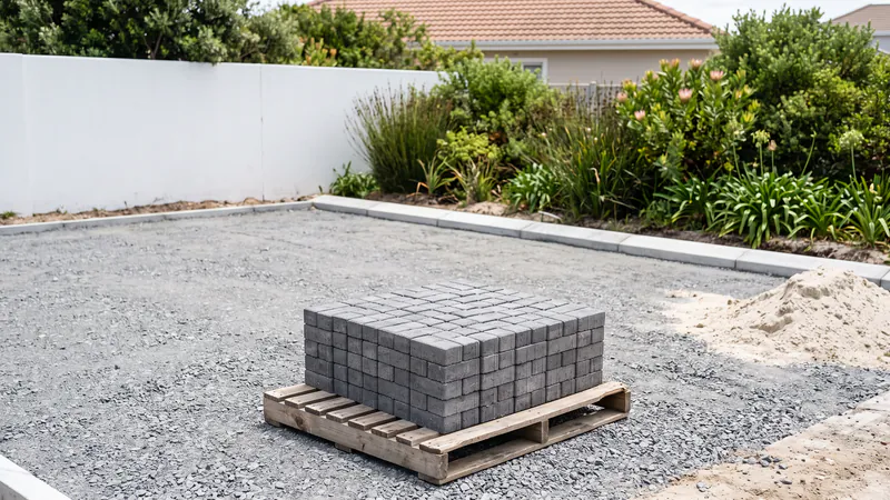 A squared stack of plain grey concrete pavers on a bare wooden pallet, standing on a compacted crushed-stone base beside a heap of sand and a new concrete edge strip