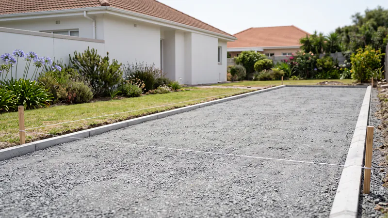A levelled layer of compacted grey crushed stone in a dug-out driveway, with white string lines on wooden pegs and new concrete edge strips along both sides