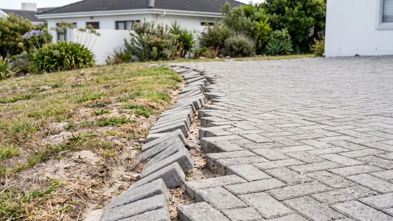 The unrestrained side of a grey herringbone driveway where the outer pavers have tilted into the lawn and the joints near the edge have opened