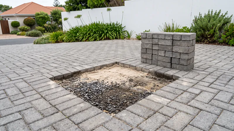 An opening in grey herringbone paving with pale bedding sand and dark crushed stone exposed, and the lifted pavers stacked beside it