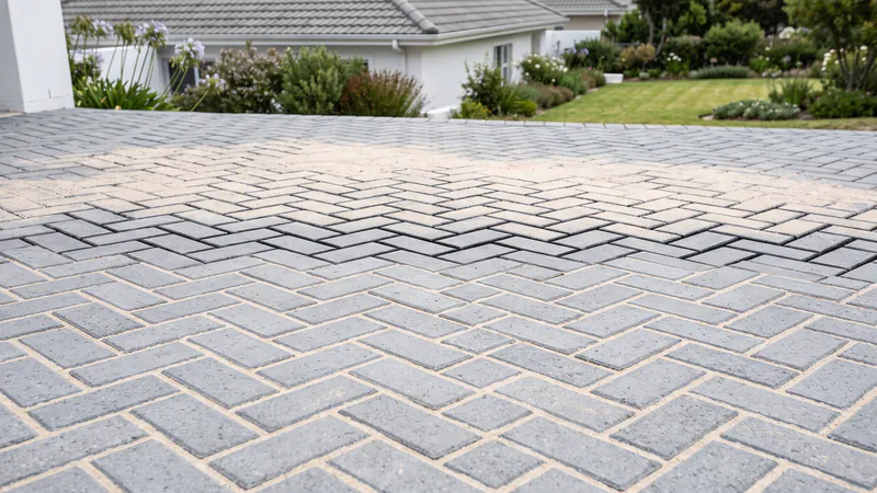 Fine pale sand spread over flat grey herringbone paving and swept into the joints