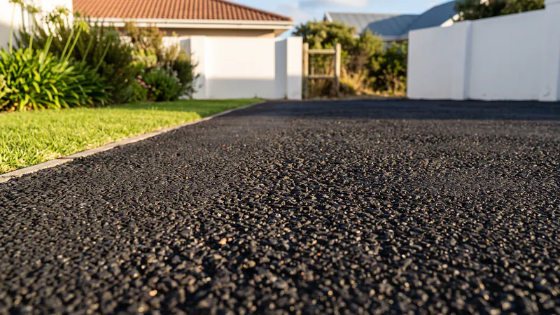 Close-up of a black asphalt driveway surface with small crushed stones held in bitumen, beside a strip of lawn