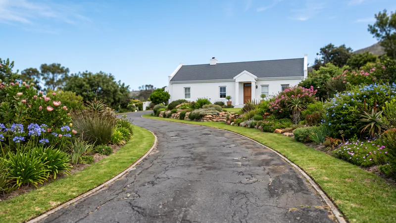 A weathered grey asphalt driveway with fine cracks curving up to a white single-storey house between flower beds