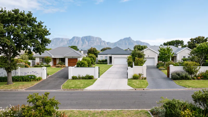 Three neighbouring houses on a suburban street with a tar driveway, a concrete driveway and a block-paved driveway side by side, mountains behind