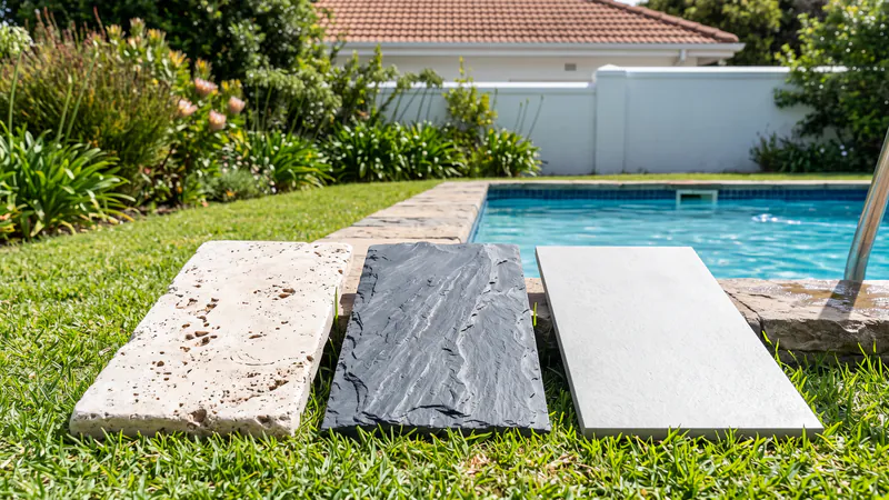 Three sample pieces on a lawn beside a pool: an ivory travertine piece with small holes, a dark riven slate piece and a flat light-grey porcelain paver