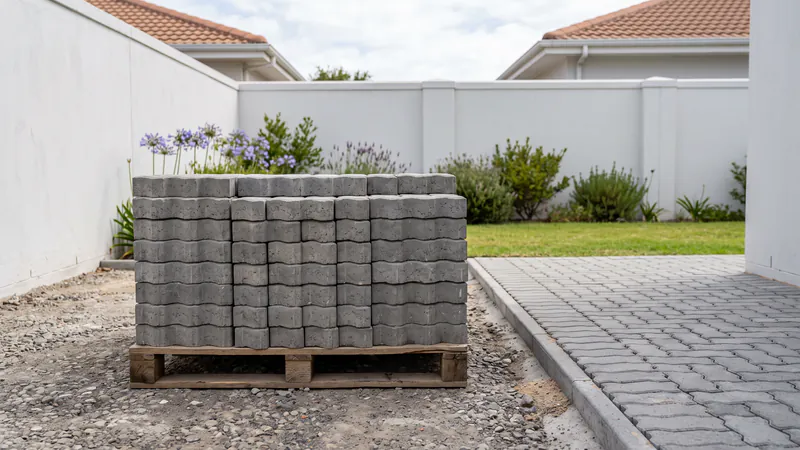 A wooden pallet of plain grey interlocking concrete pavers on a gravel base beside a freshly laid section of the same blocks