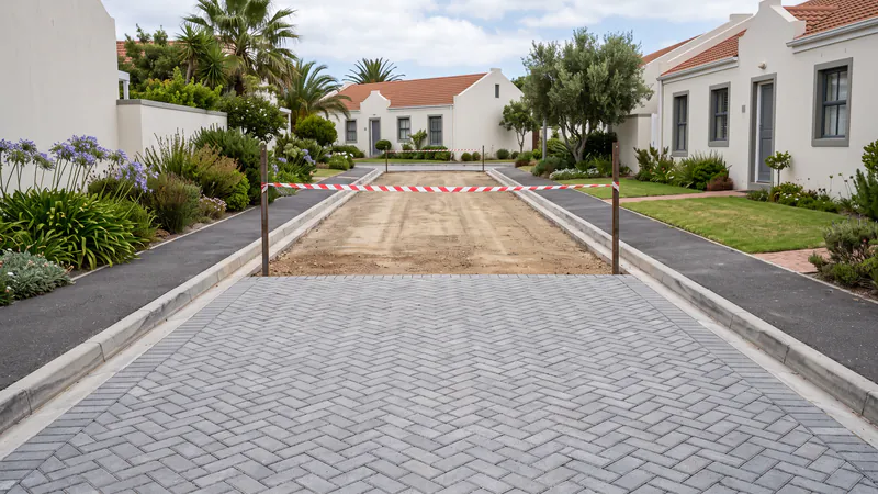 A townhouse-complex road in grey herringbone with one section taped off and dug out while the rest stays open