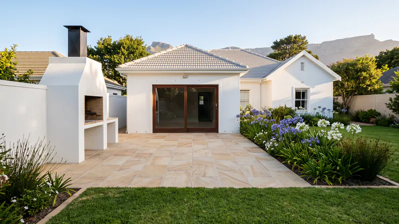 A pale sandstone patio beside a built-in braai and a lawn at a white house