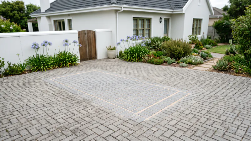 A grey herringbone block paved driveway with a rectangular section of lighter, newer pavers laid level with the older paving around it