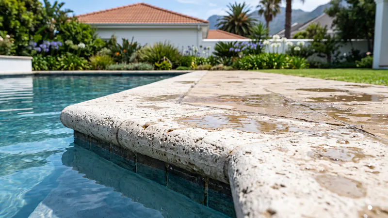 Close-up of a pale, pitted travertine bullnose coping at a pool edge, wet with splashed water and small puddles, with the textured deck behind it